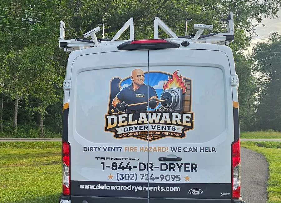 Back of the Delaware Dryer Vents van showing the company logo and phone numbers